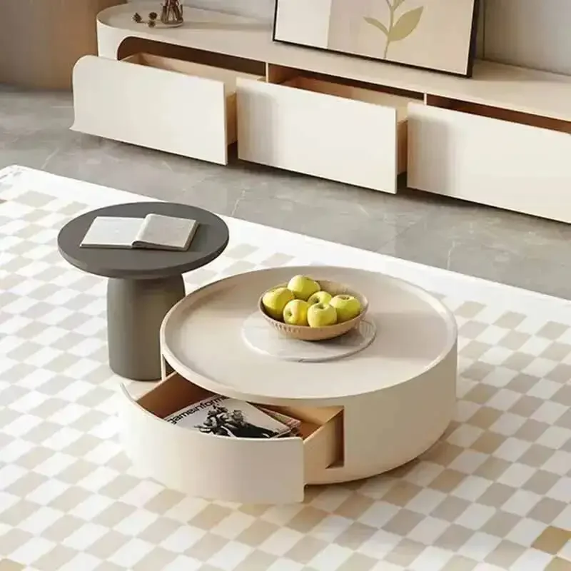 Mesa de centro organizadora, gavetas minimalistas, ajustáveis, exclusivas, redondas, autênticas, estrutura central, móveis para casa
