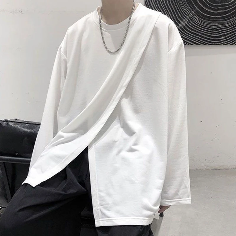 Side Slit Men O Neck Long Sleeve Sweatshirts 2022 Autumn Spring Loose Fashion T Shirt All-match Casual Harajuku Oversize Clothes