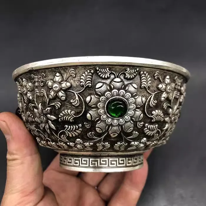 Antique Relief Flower Inlaid Gemstones Bowl Copper Silver Plated Bowl Home Decoration