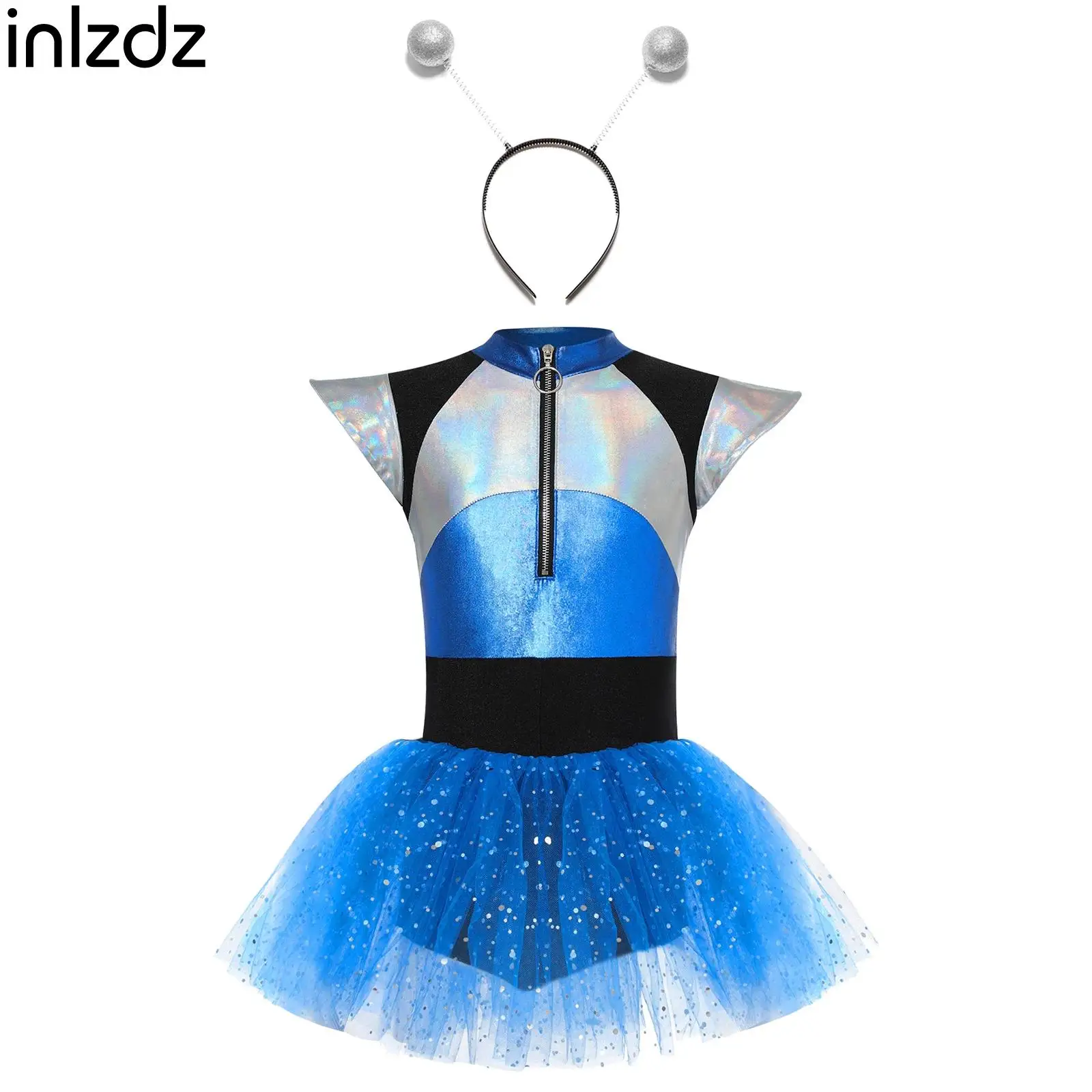 

2Pcs Kids Girls Halloween Alien Cosplay Costume Short Sleeve Shiny Sequins Dress Jumpsuits with Alien Hair Hoop for Themed Party