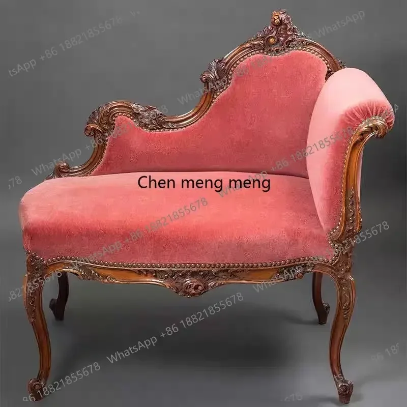 

ZJEuropean classical carved concubine chair pink flannel full tenon and mortise structure furniture single chair leisure chair