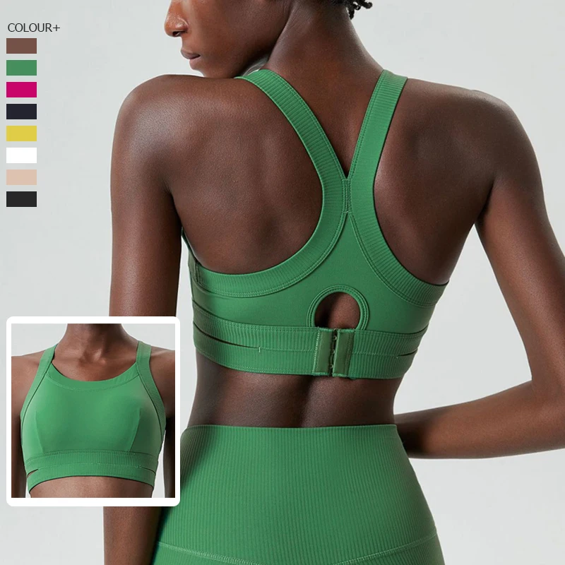 Women High Impact Yoga Bra Solid Color Adjustable Sports Underwear Gathered Push Up Gym Crop Top Breathable Workout Clothes