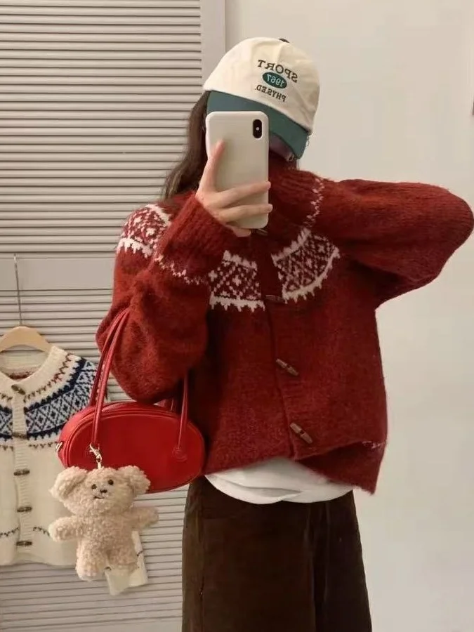 

Красный вязаный кардиган-пальто с пуговицами, свободного кроя, женский, осенне-зимний, новогодний, модный, повседневный, с длинными рукавами