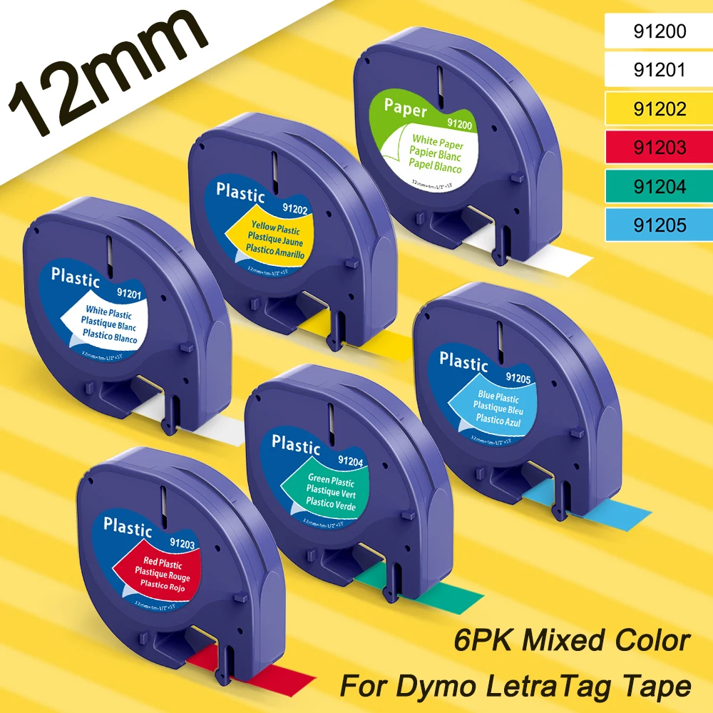 6Pack Compatible for DYMO LetraTag Tape 12mm 16952 91201 16951 12268 Black on White Paper Plastic Label Tape 12mm Label Printer