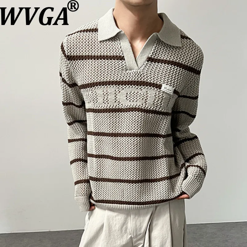 

WVGA, осенне-зимний новый мужской вязаный свитер в полоску с отложным воротником и принтом, шикарные повседневные модные топы W13801