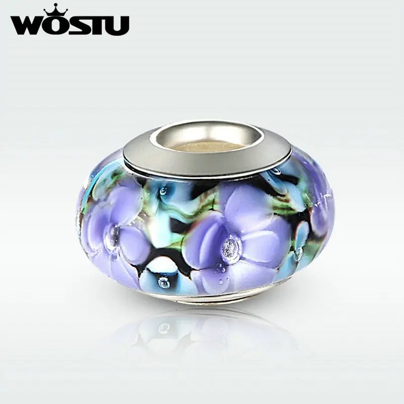 WOSTU Silver Plated Murano Glass Beads Crystal Flower Magical Round Charms Fit Original Bracelet Bangles DIY Jewelry Making 1Pcs