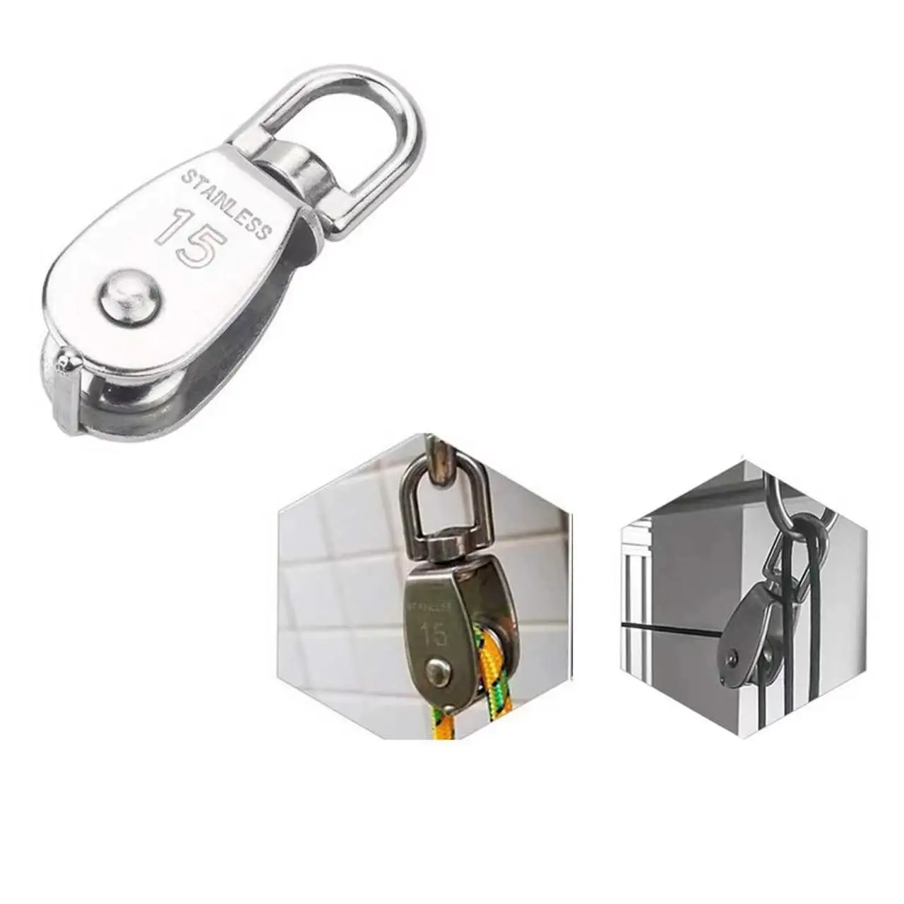 Stainless Steel Wire Rope Crane Pulley Block M15 Lifting Crane Swivel Hook Single Pulley Block for Hanging Wire Towing Wheel