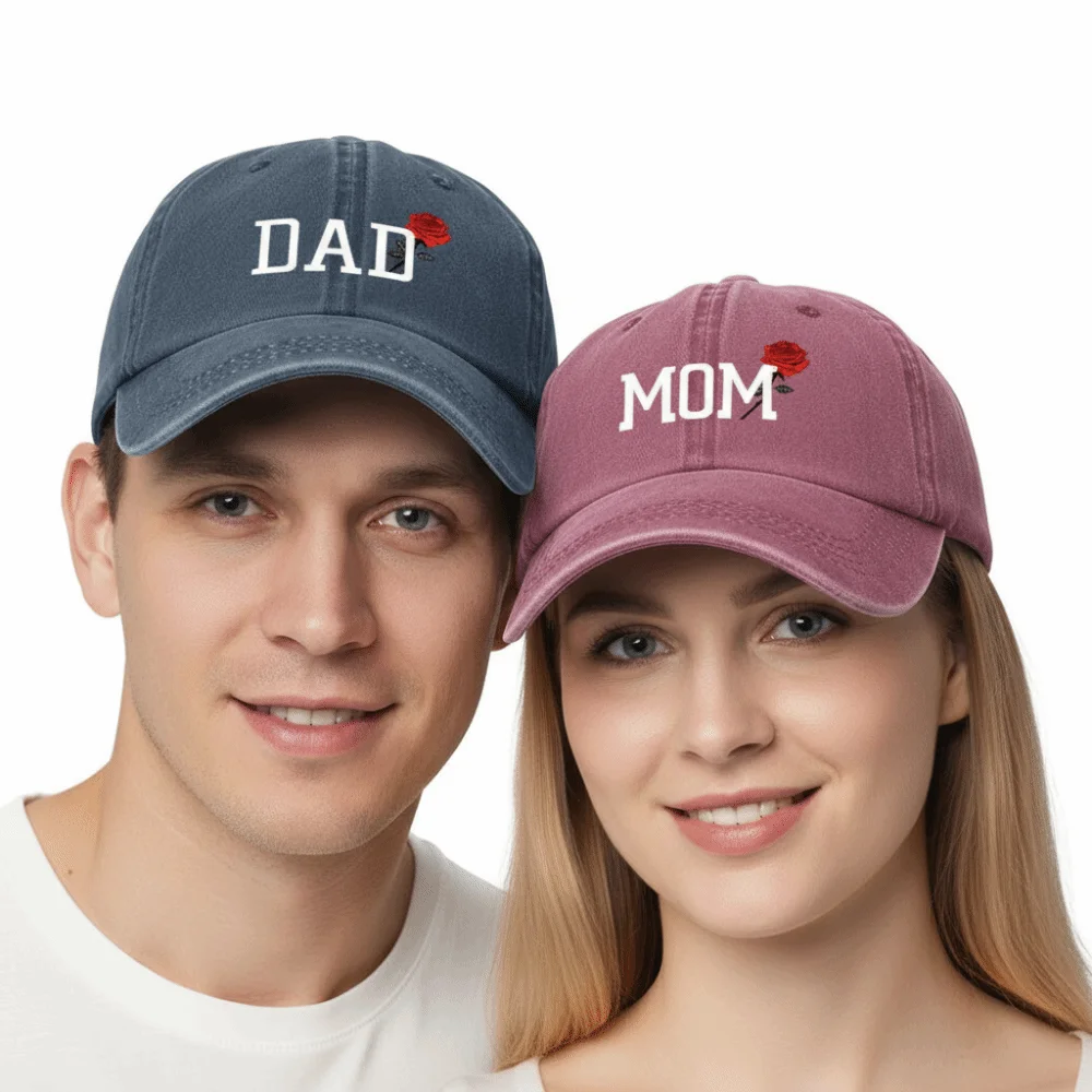2pcs/set Fashion Washed Cotton Mom Dad Rose Printed Cap Adjustable Classic Parent Matching Baseball Cap Couple Cap For Man Women