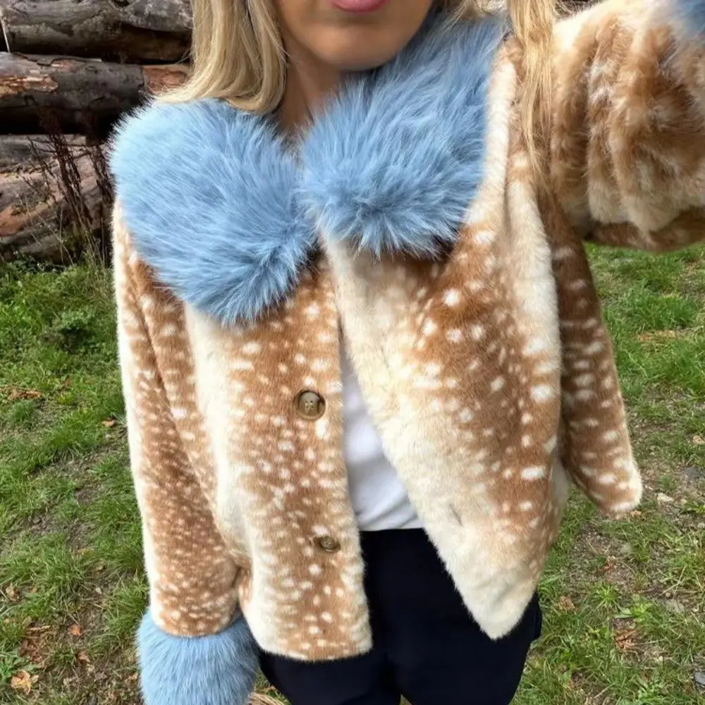 Deer Print Faux Fur Jacket Contrast Fur Collar Fluffy Cuffs Cropped Outerwear Texture Long Sleeve Winter Coat