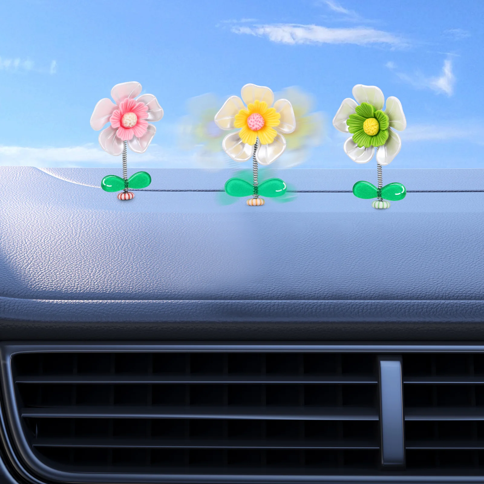 

10 pcs Car Dashboard Decor Shaking Flower Ornaments Creative Mini Pearl Green Leaf Design 5 Pieces Set Car Accessory