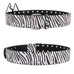 Black and White Zebra Practical Striped Needle Buckle Belt Hundred Rivet Suit Jacket Leather Waistband Stylish Ladies Decor