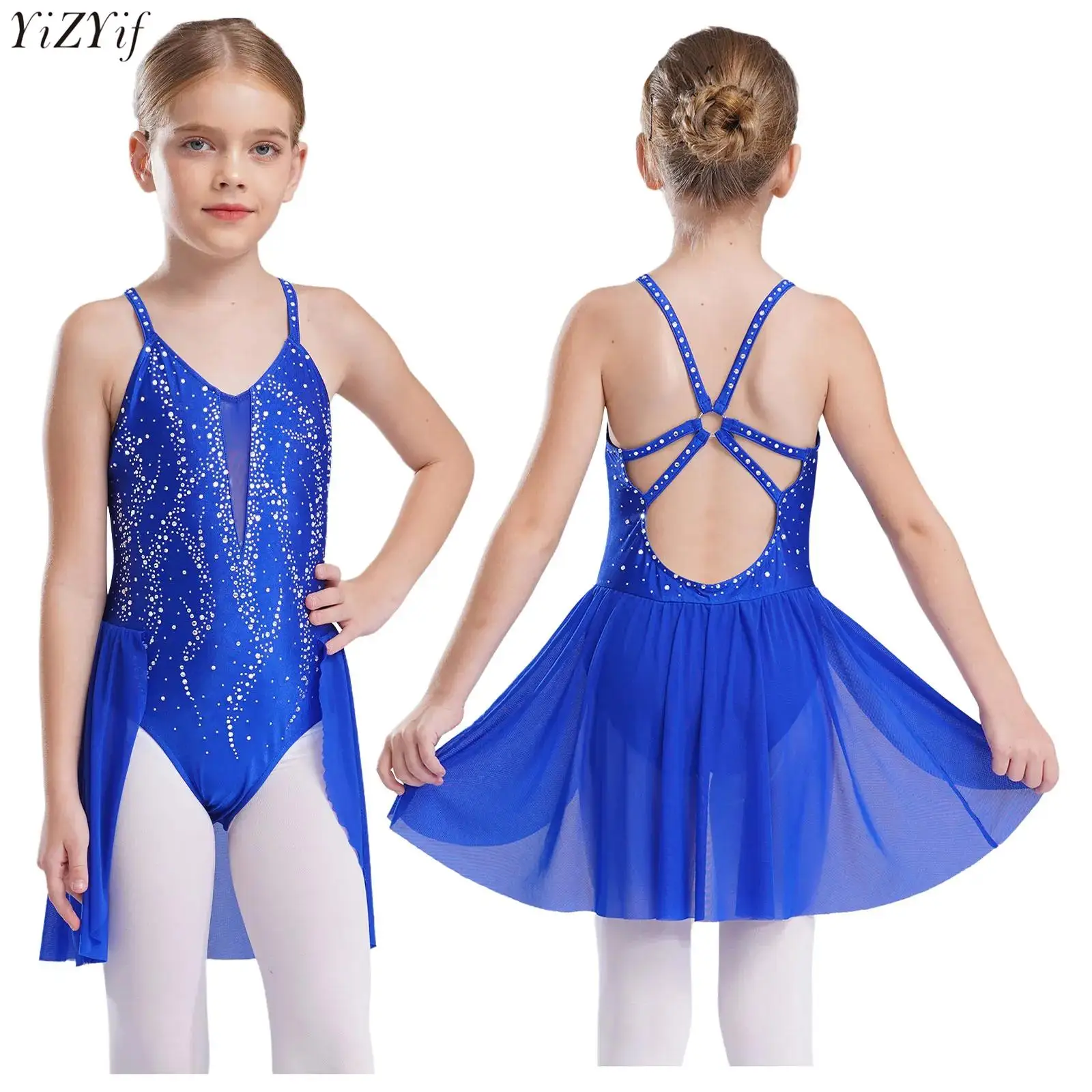 

Kids Girls Lyrical Dance Dresses Ballet Leotards Spaghetti Straps Backless Shiny Rhinestones Skirted Leotard Performance Costume