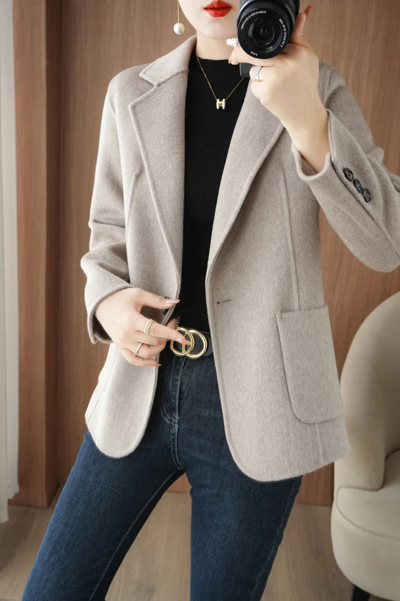 Autumn and Winter New 100% Pure Wool Double sided Coat Women's Medium Fit Suit Collar Fashion Trend Solid Color Coat Top