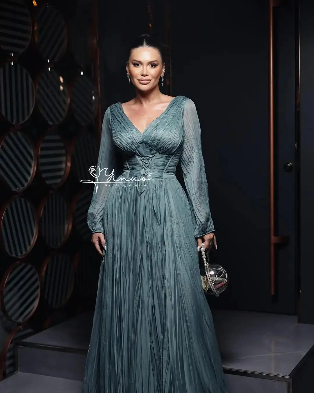 

customized Long Sleeves V Neck Prom Dresses A-Line Pleated Floor Length Party Dresses Formal Occasion Dresses2025