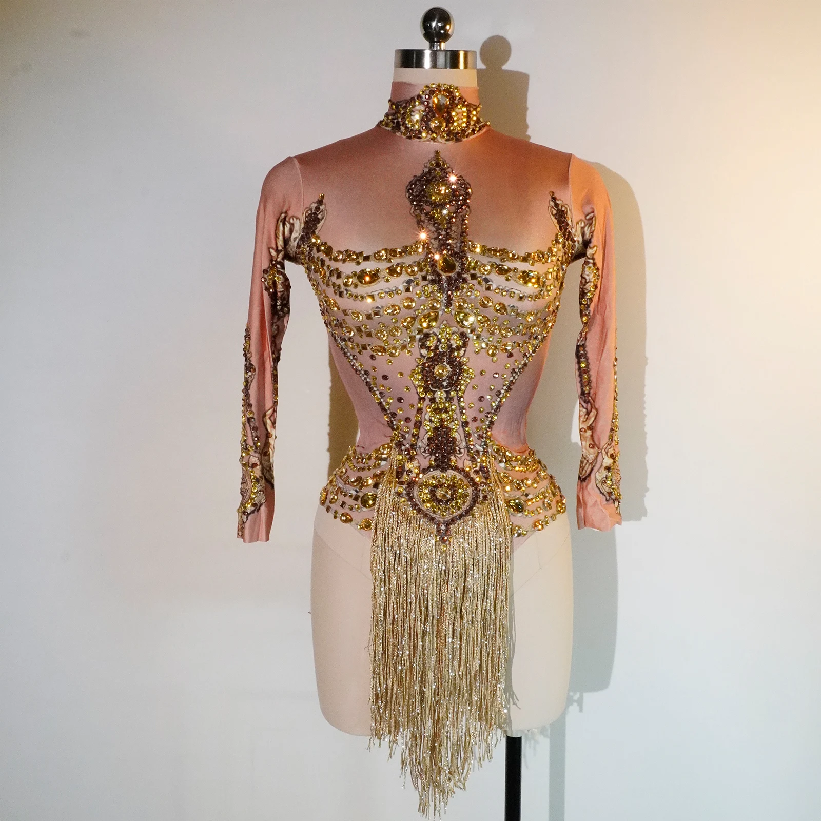 

Sexy Tassel Bodysuit Sparkly Gold Rhinestones Leotard fringed Latin dance costume Stage Wear Club Outfit Celebrate Nightclub