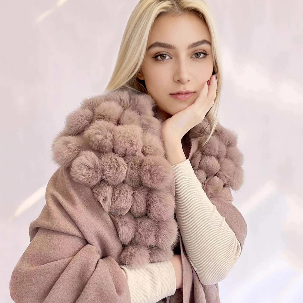 Jxwatcher Real Rabbit Fur Pompom Cape Women's Autumn Winter Warm Wool Shawl Fashion Shawl Tassel Cloak Casaco Feminino New Style