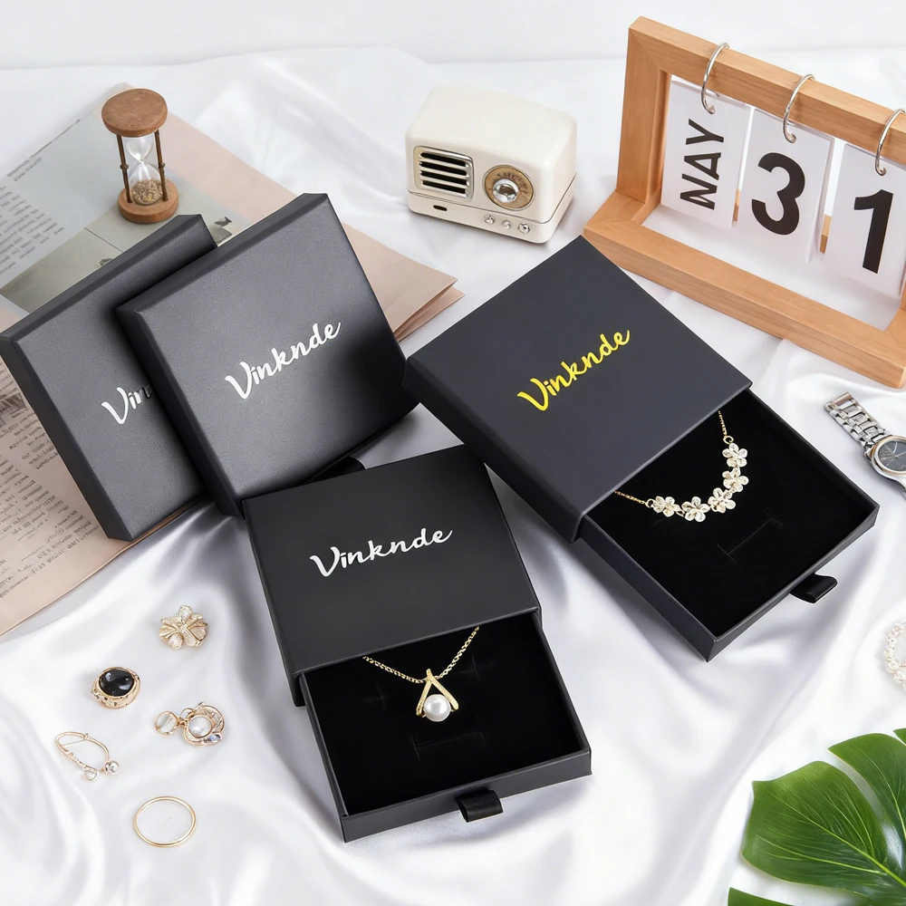 

9x9x3.2cm Personalized Logo Paper Drawer Jewelry Packaging Box For Necklace Bracelet Earring Jewellry Display Gift Container Box
