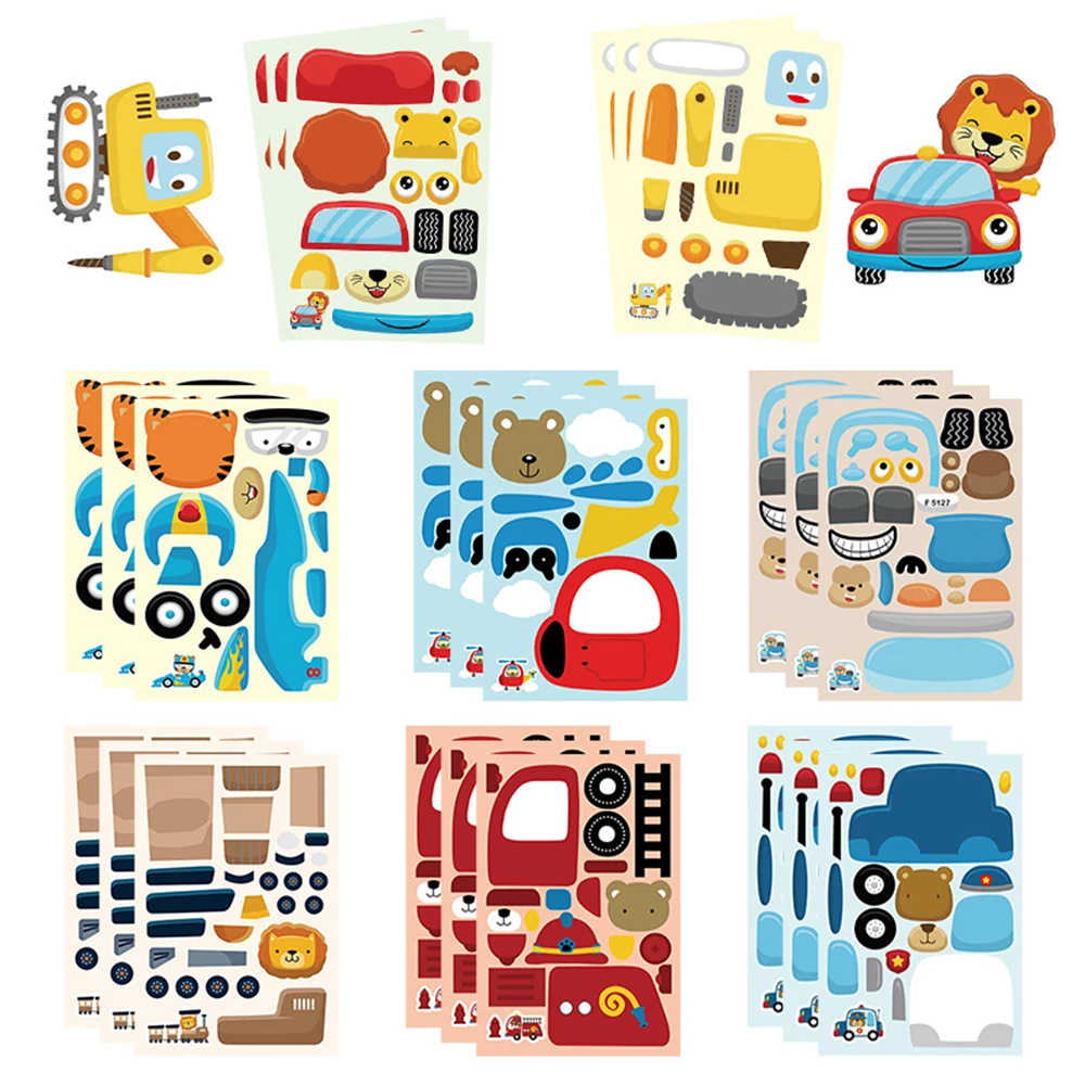 8/16sheets Cute Cartoon Animal Transportation Car Puzzle Stickers Make a Face DIY Assemble Jigsaw Educational Toys Decals Pack