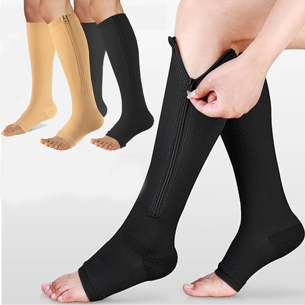Kompressions-Wadensocken mit Reißverschluss, leicht zu tragende Socken mit offener Zehenpartie für den Sport, bequeme Beinstützstrümpfe