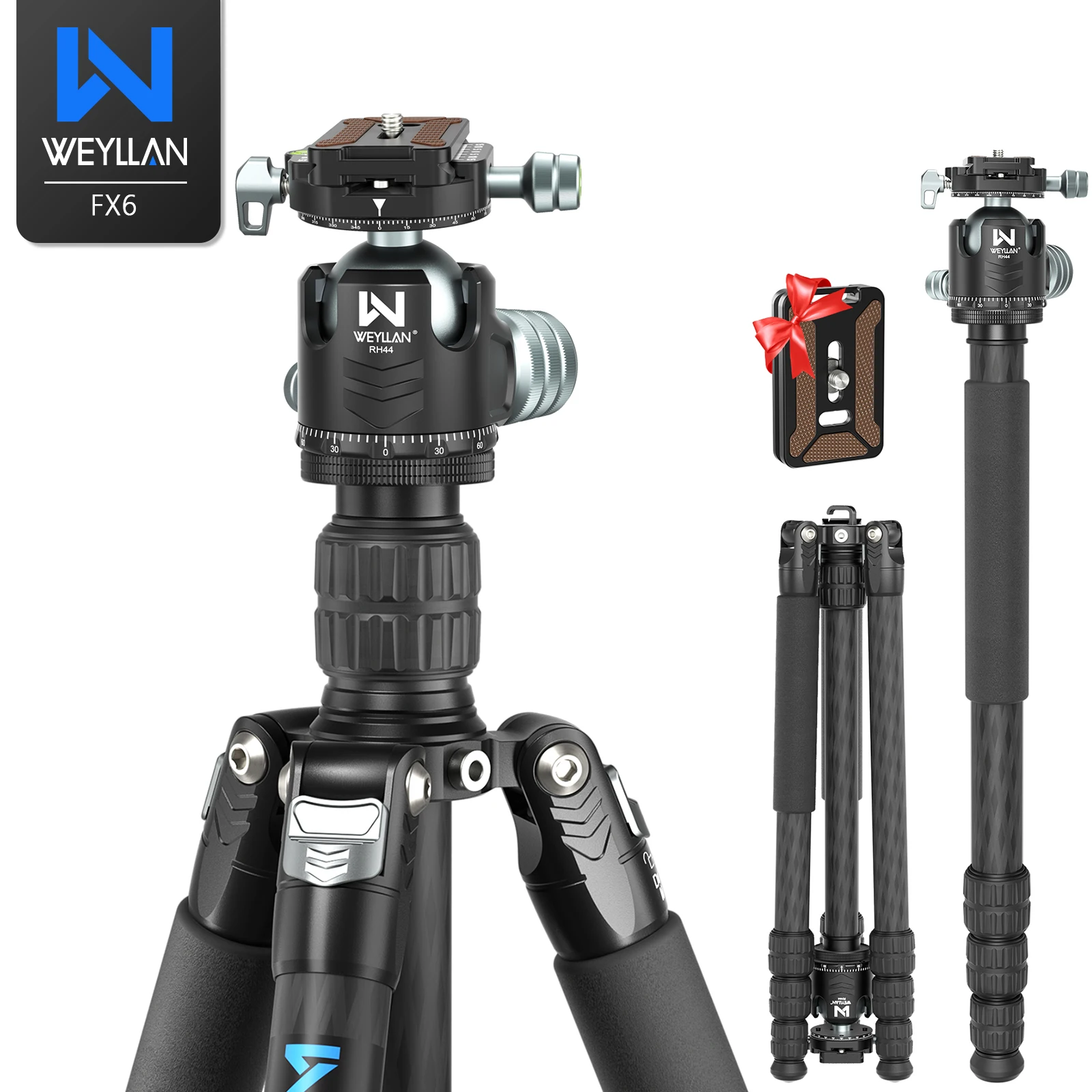 Weyllan FX6 Professional Carbon Fiber Tripod 70.4inch Max Load 18kg Low Angle Shooting 2-in-1 tripod for DSLR Camera Phone