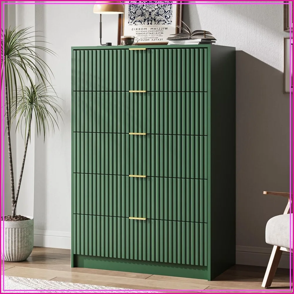 5 Drawer Dresser for Bedroom, Tall Chest of Drawers with Gold Handles, 32 Inch Wide, Green