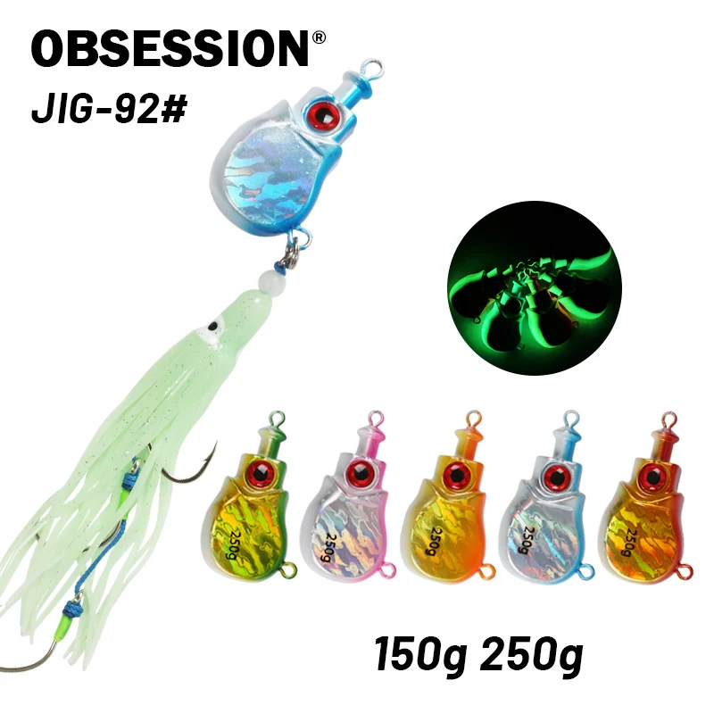 

OBSESSION 150g 250g Bottomship Metal Jig Head Luminous Inchiku Sea Fishing Lure Fast Sinking Jigging Bait With Squid Triple Hook