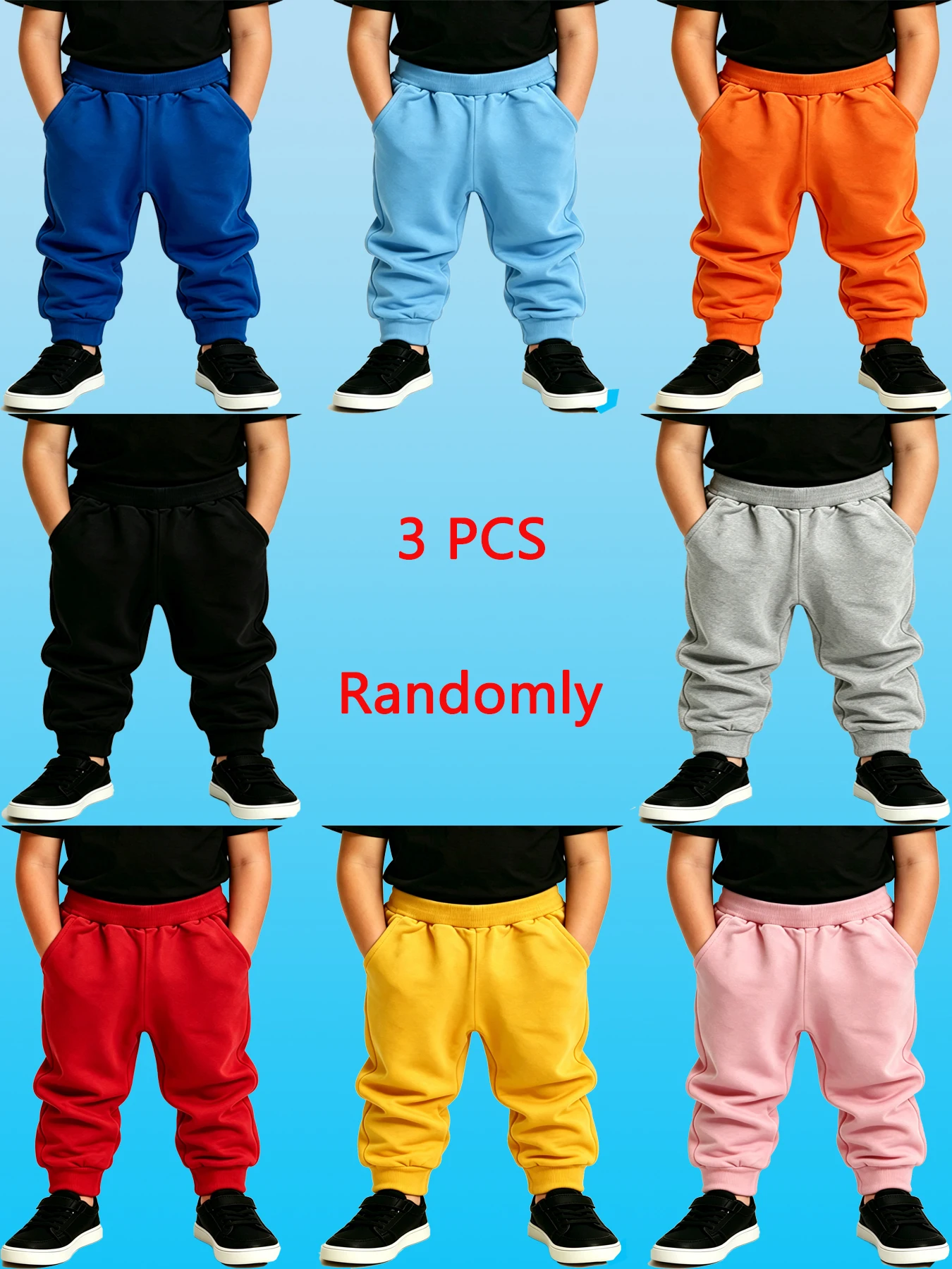 3PCS Random Kids Jogger Pants Soft Toddler Sweatpants For Boys & Girls With Side Pockets Casual Four Seasons Sports Trousers