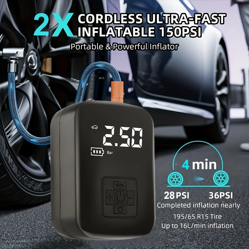 

Портативный беспроводной воздушный компрессор 150PSI для накачки шин с LED-подсветкой, электрический насос для шин и мячей