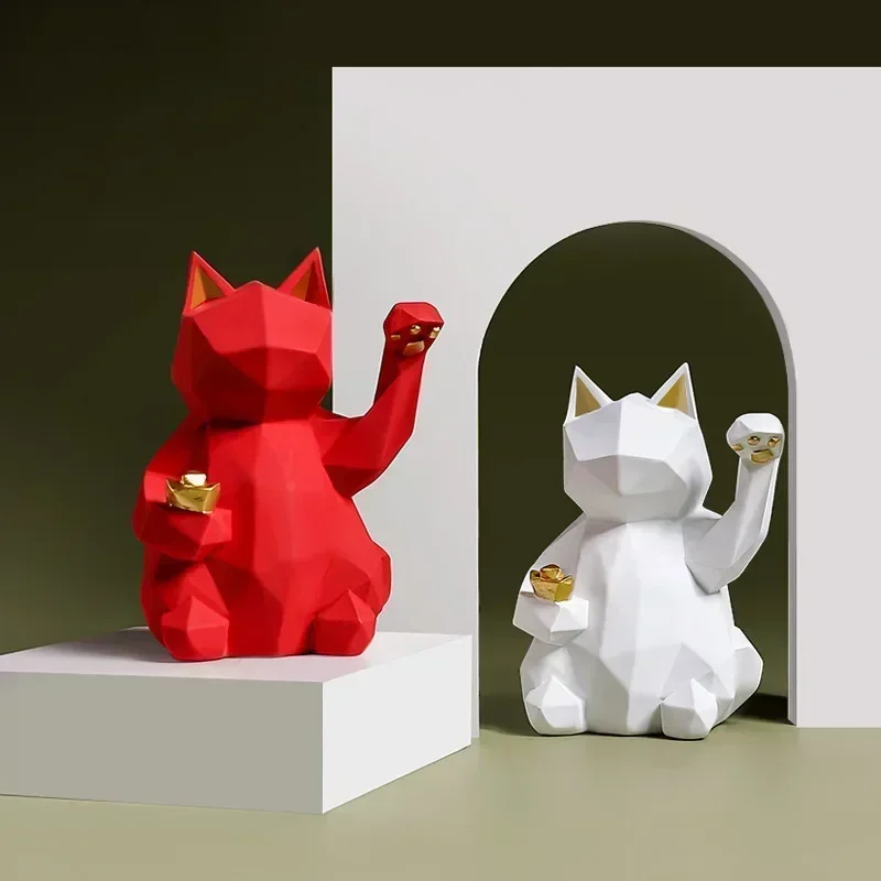 Nordic Minimalism Decoration Geometry Lucky Cat Figurines Kawaii Animals Statues Feng Shui Decor for Cabinet Living Room Office