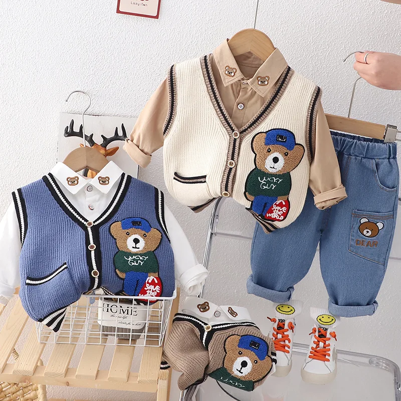 

Boys Clothes Sets Spring Autumn Children Knitted Vest Shirts Jeans 3pcs Tracksuits For Baby Girl Party Suit Denim Pants Outfits