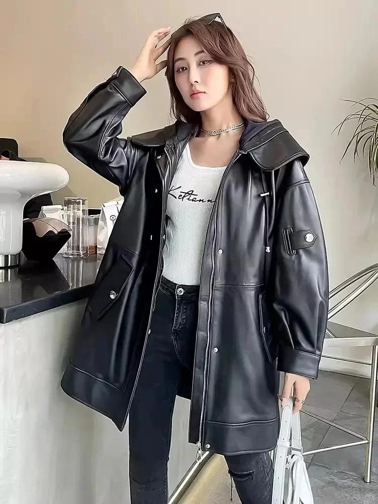 Autumn Spring New Genuine Leather Cargo Coat Women Hooded Mid Long Jacket Loose Fit Hip Hop Street Casual Sheepskin Windbreaker