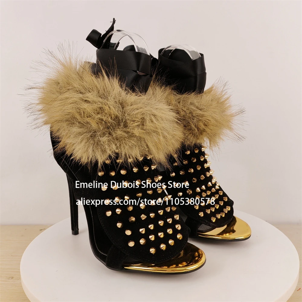 

Furry Cut Out Rivet High Heel Sandals Ankle Strap Tie Up Round Toe Sexy Stilettos Heel Bootie for Women Party Dress Club