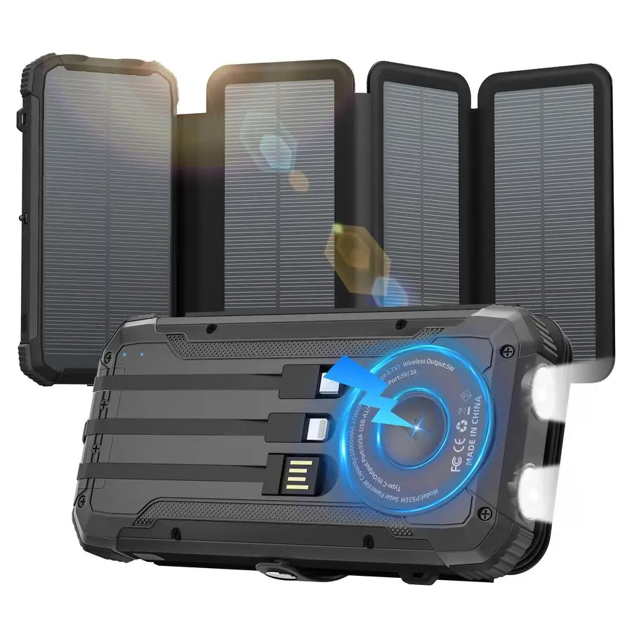 

Портативное зарядное устройство Power Bank 20000 мАч со встроенными 3 кабелями и беспроводной зарядкой, совместимое с iPhone, Samsung, IPX5 Wa