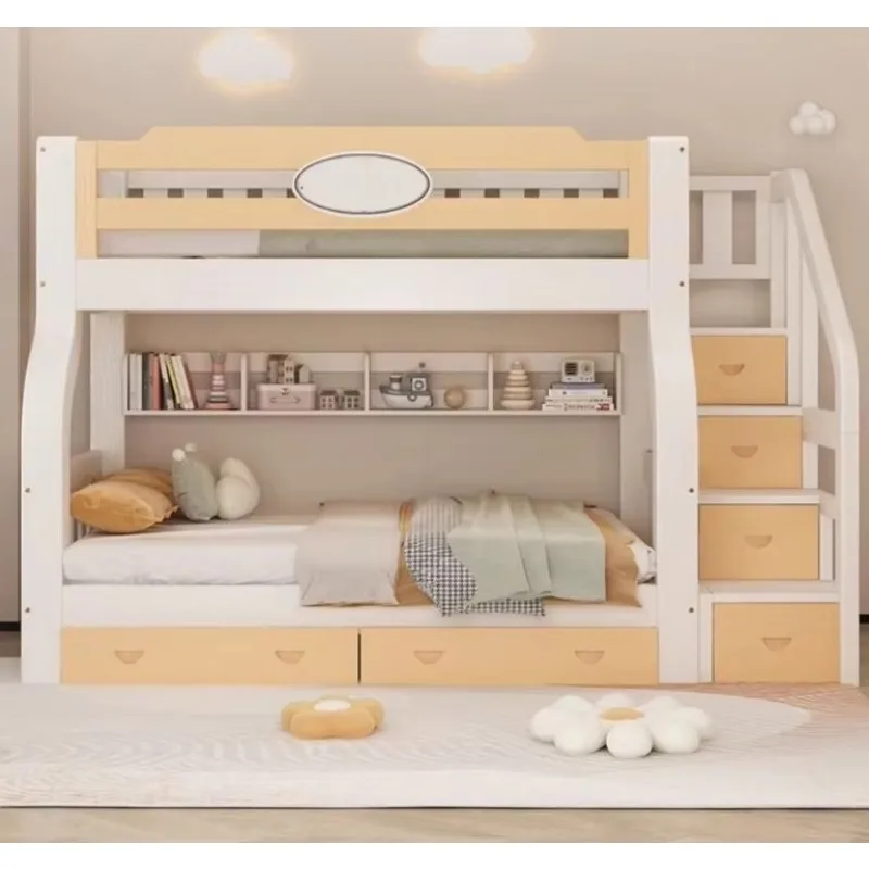 Cheap Kids Bedroom Furniture Solid Wood Cartoon Bed Children Bunk Bed for Stair Storage Study Table With Slide