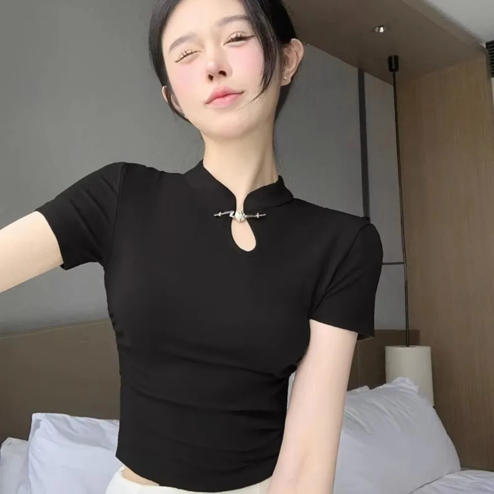 Fashion Chinese Style T Shirt Slim Fit Frog Button Closure Short Sleeves Shirt Stand Collar Elastic Crop Top for Women