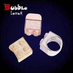 Bubble Letter Iced Out Block Ring for Men Real Gold Plated Rock Rapper Full Cubic Zircon Hip Hop Fashion Jewelry