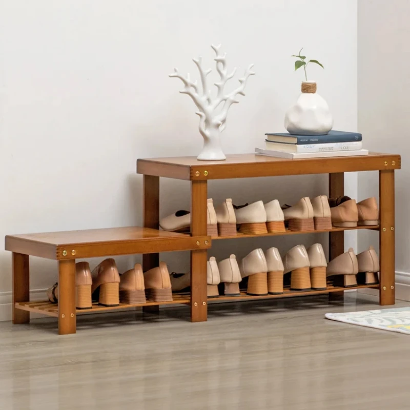 Bamboo Shoe Organizer Rack Simple Change Shoes Bench with Entryway Storage Cabinet Multifunctional Wooden Seat for Hallways