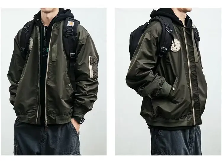 

Trendy Men's Baseball Sle Jaet Spring Autumn Casual Label Design Workwear Outerwear Zipper Closure Long Sve Loose Fit