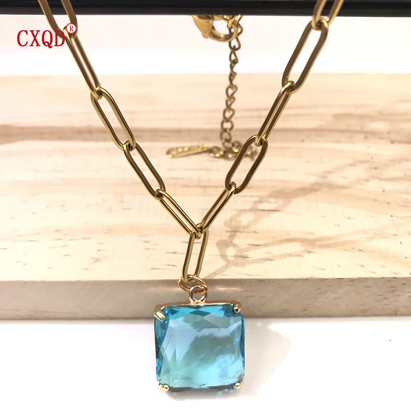 Colorful Clear Square Glass Pendant Necklace For Women Stainless Steel Chain Fashion Earrings Jewelry Original Accessories Set