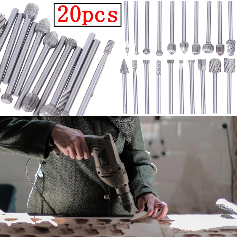 20pcs Tungsten Carbide Rotary Burr Set 3mm Shank Single Cut Diamond File Rotary Tool Kit For Wood Metal Dremel Drill Bits