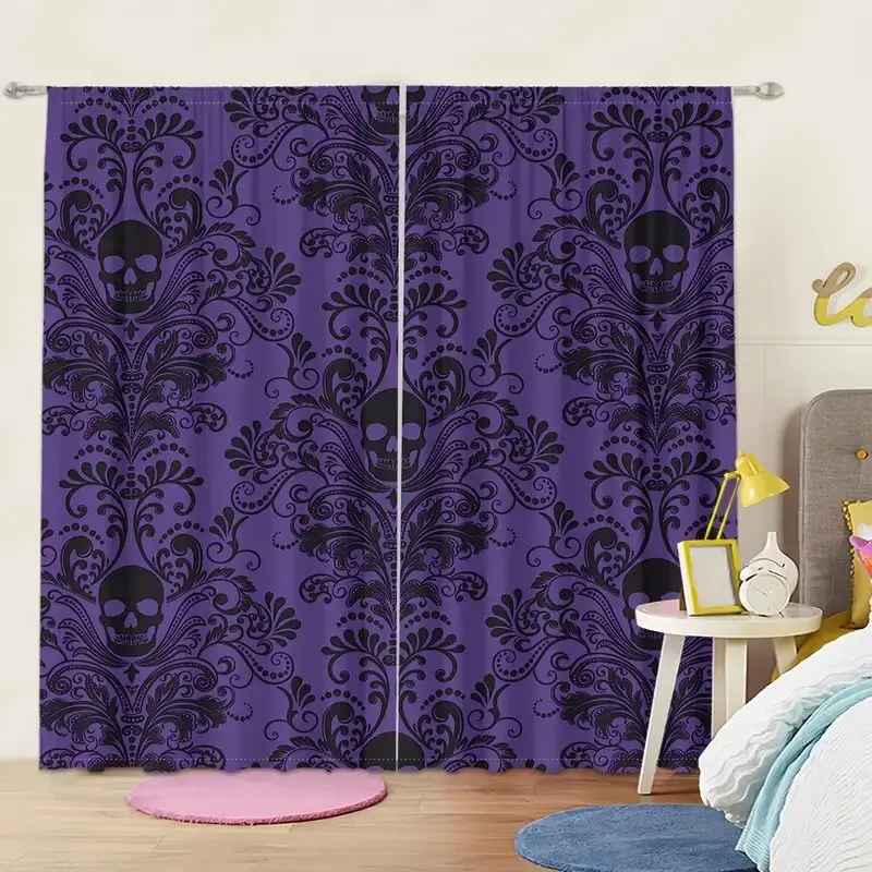 Purple-black Gothic retro skull and flower pattern printed curtains, window decorations, home decorations, room decorations
