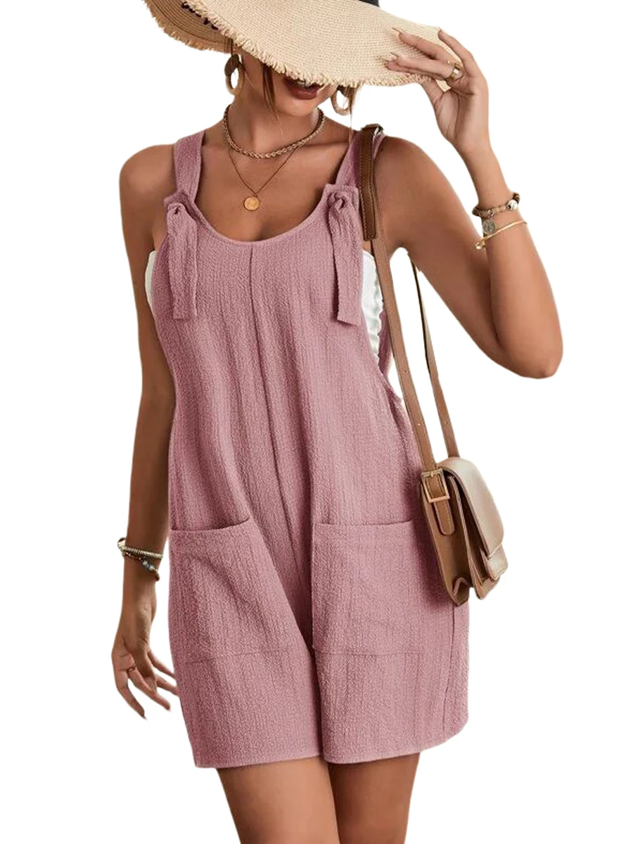 2024 Summer Women\'s Jumpsuit Overalls Short Loose Sleeveless Wide Leg Overall Solid Casual Daily Basic Romper with Pockets