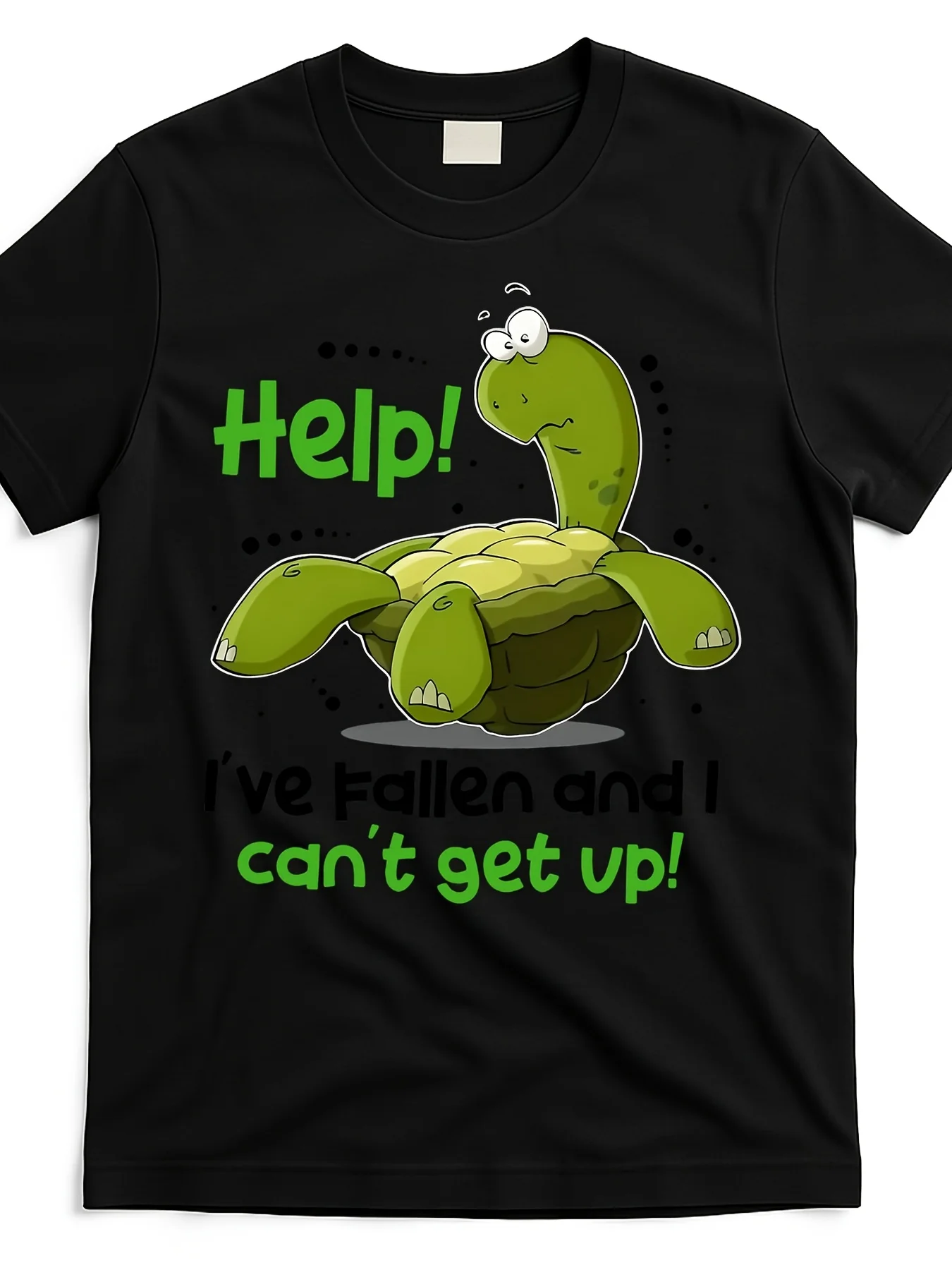 Hilarious Help! I'Ve Tumbled And Can'T Stand Up! Turtle Design T-Shirt - Black with Green Writing - Soft Casual Top for Both Genders - Comical Falling Joke Clothing - Washable for Daily Use, Timeless Retro Design, Round Neck Short Sleeves