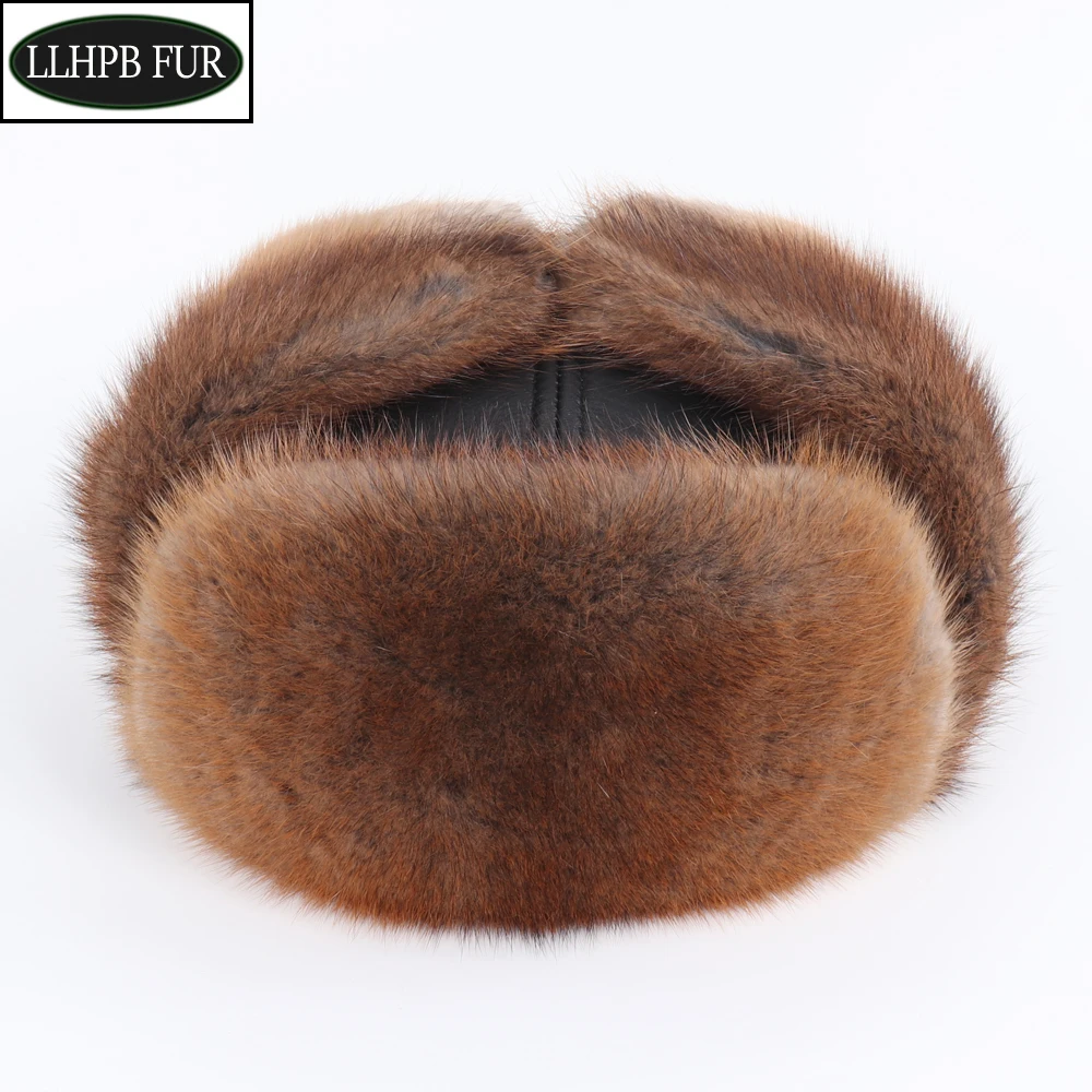 

New Winter Men 100% Natural Real Muskrat Fur Bomber Hats Male Warm Real Muskrat Fur Hat Man Genuine Sheepskin Leather Cap