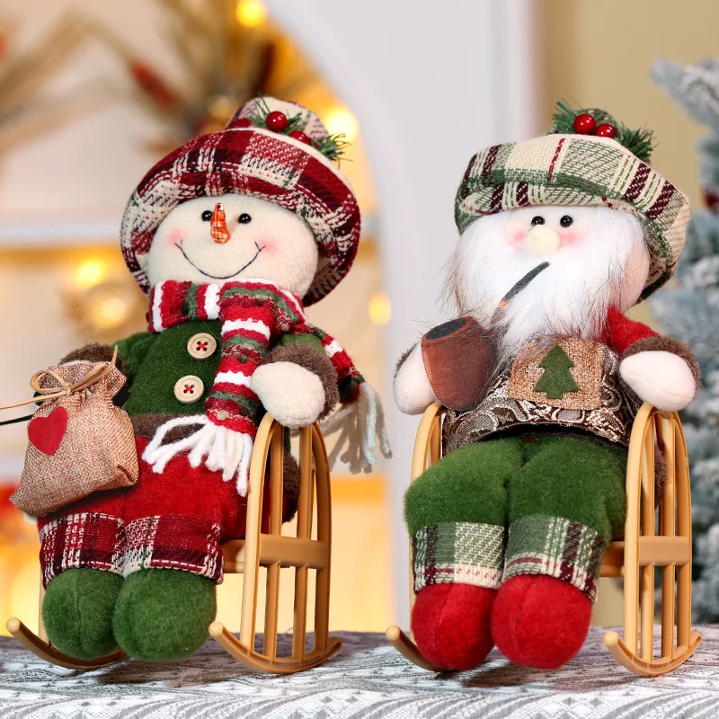 1PCS Christmas Ornament Fabric Rocking Chair Santa Ornament Plaid Fabric Tabletop Decoration Holiday Home Living Room Scene