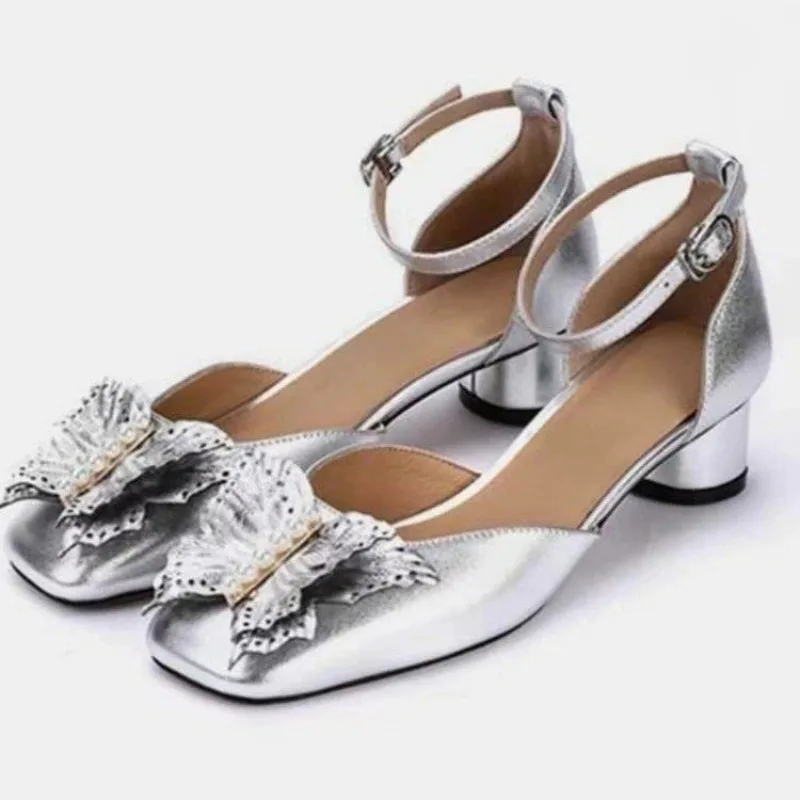 Women's Sandals Summer 2024 Thick Heel Middle Heel French Rhinestone Hollow Sandals Single Shoe New Fairy Bow Women's Shoes