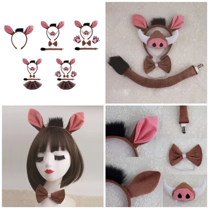 Pig Costume Set Warthogs Ears Nose Tail Glove,Tutus,Bowtie Pig Fancy Dress Costume Accessories for Halloween Party