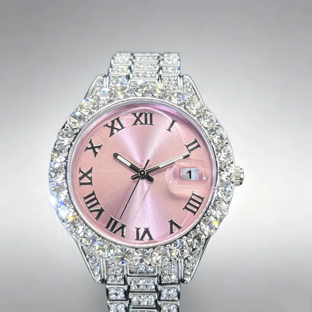 New Silver Pink Diamond Hip Hop Watch For Women Fashion Ice Out Party Jewelry Wristwatch Luxury Shiny  Watches Trendy 2026