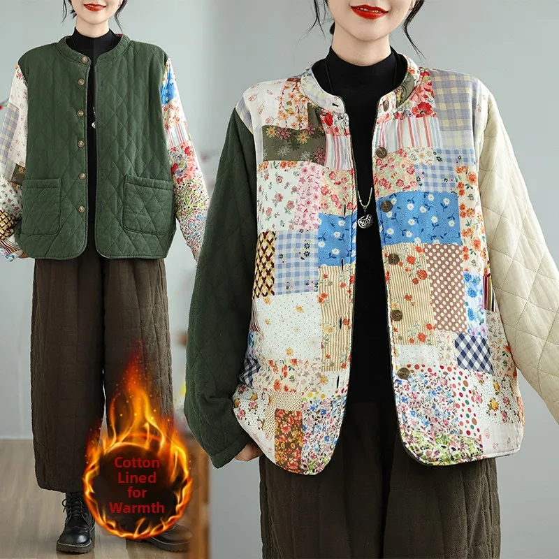 Women's Winter Cotton Jacket Double-Sided Wear round Neck Patchwork Slimming Versatile Cotton Coat Commute Style Thick Long S...