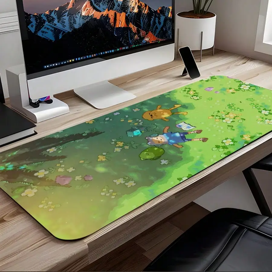 1pc Green Pixel Cartoon Gaming Extra Large Mouse Pad, Fresh Healing Pixel Style Large Desk Mat -- Healing Atmosphere Extended Extra Large Green Forest Floral